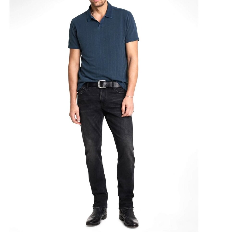 John Varvatos Men's Short Sleeve Zion Jacquard Open Collar Polo Shirt Deep Blue - Picture 6 of 7
